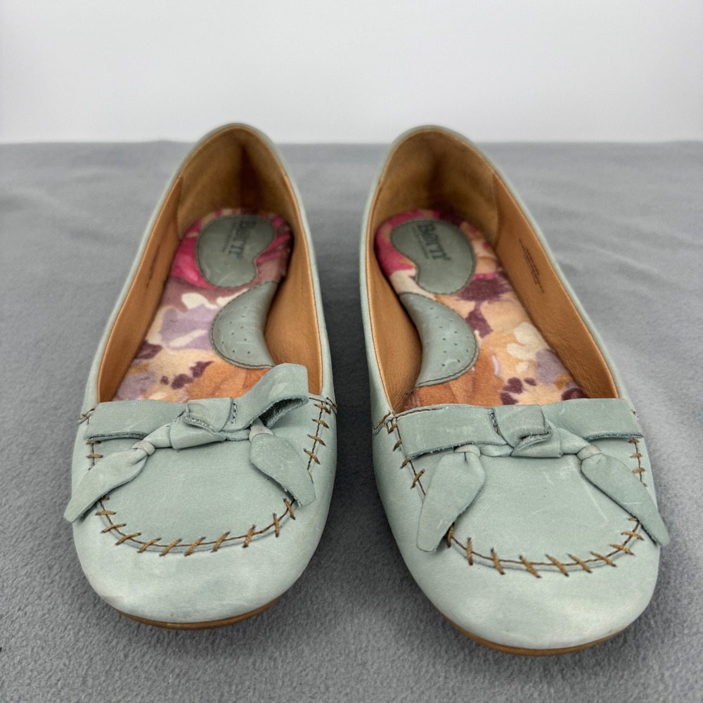 Born Womens 10 EU 42 Leather Ballet Flats Sage Green Bow Comfort Shoes Loafer - Picture 5 of 9